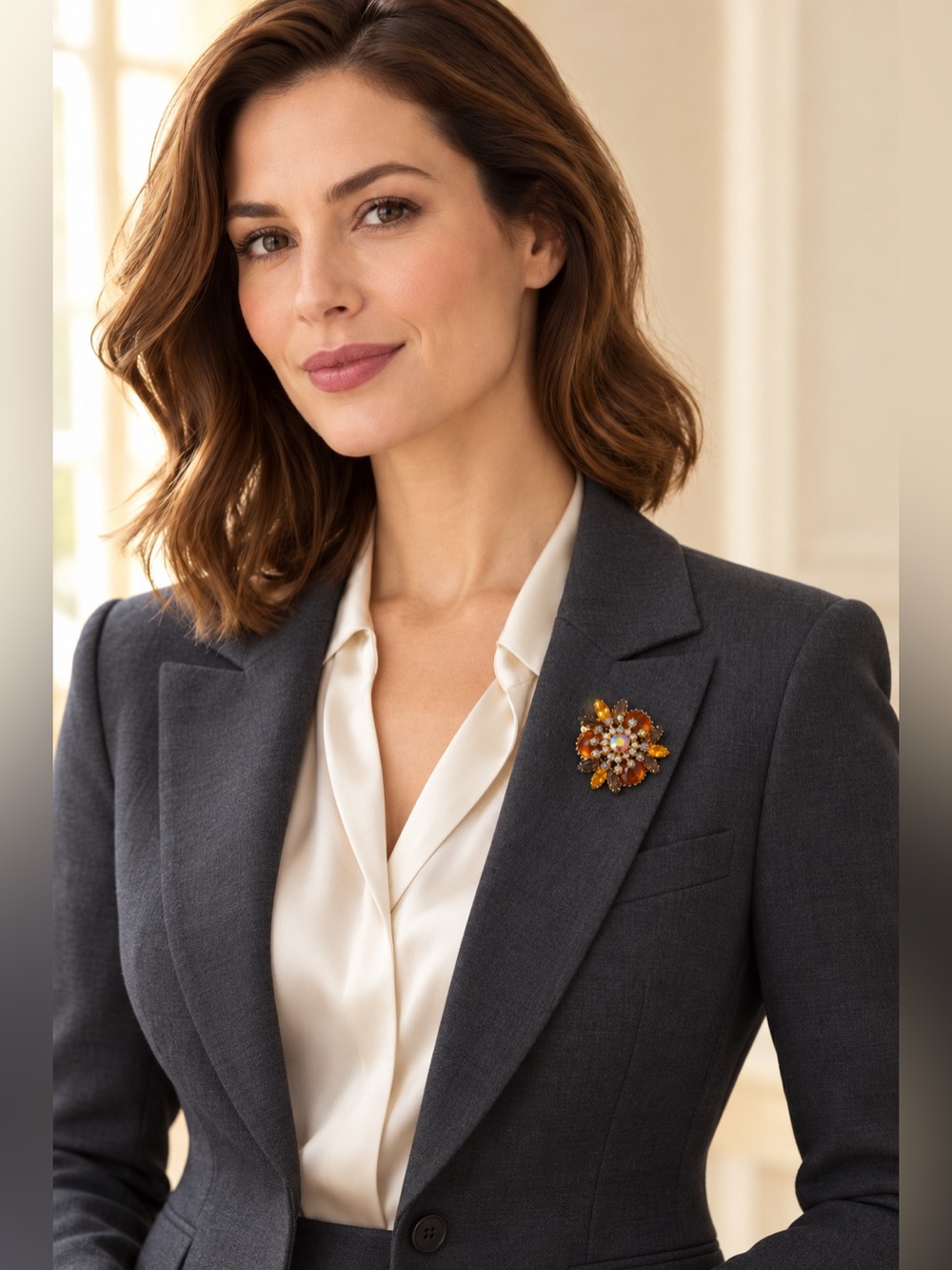 Amber & Smoky Brown Aurora Borealis Floral Brooch Pin